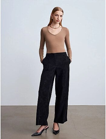 DILVIN Pantalon Large Taille Haute En Suédine