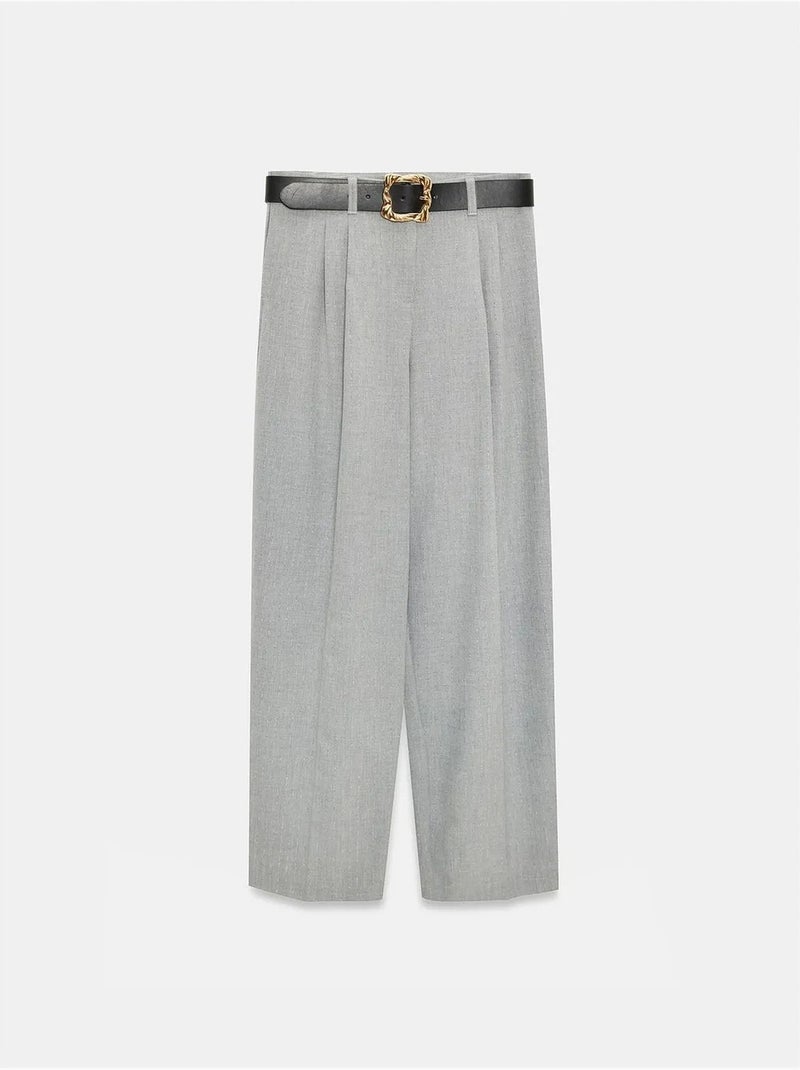DILVIN Pantalon Palazzo À Jambe Large Et Ceinture Gris clair - Kiabi
