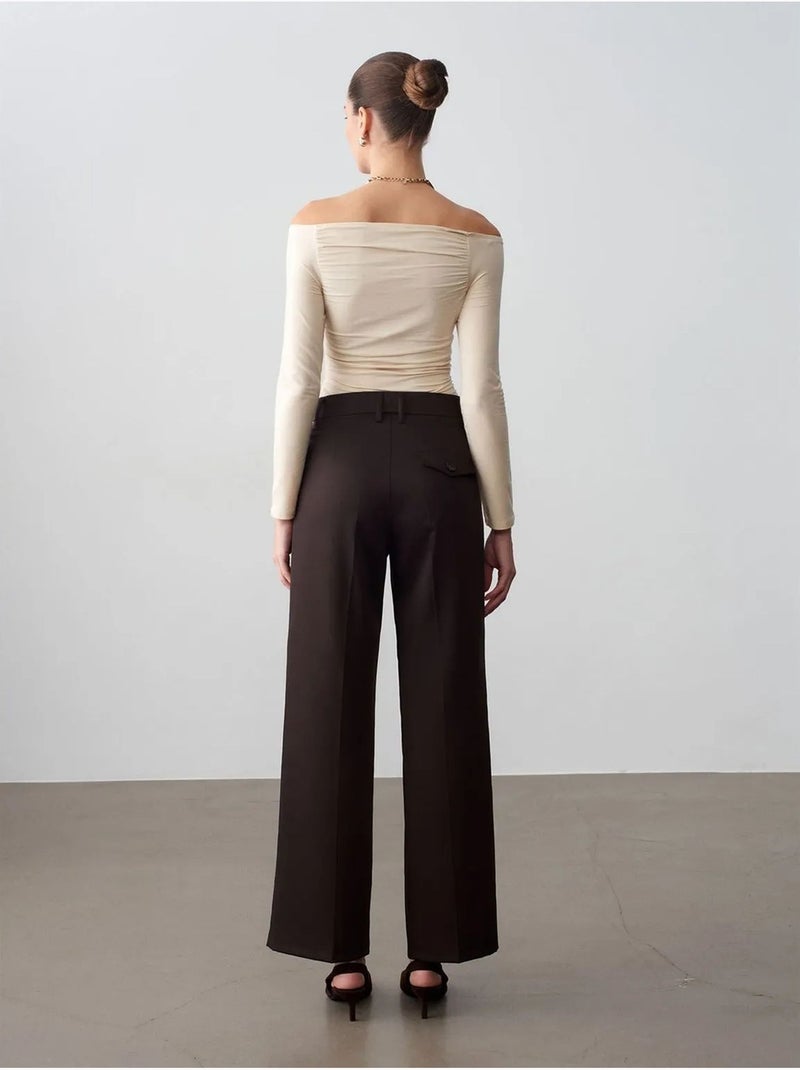 DILVIN Pantalon Tissé À Jambes Larges, Taille Mi-haute Marron foncé - Kiabi