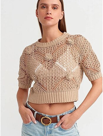 DILVIN Pull Court Femme Texturé À Col Rond
