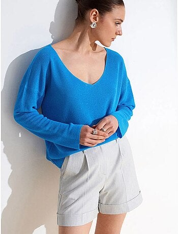 DILVIN Pull En Maille Côtelée À Col V Pour Femme