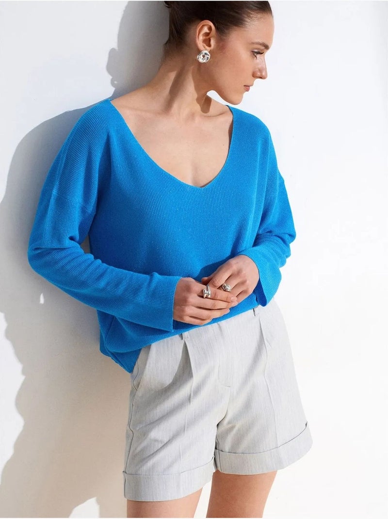 DILVIN Pull En Maille Côtelée À Col V Pour Femme Bleu électrique - Kiabi