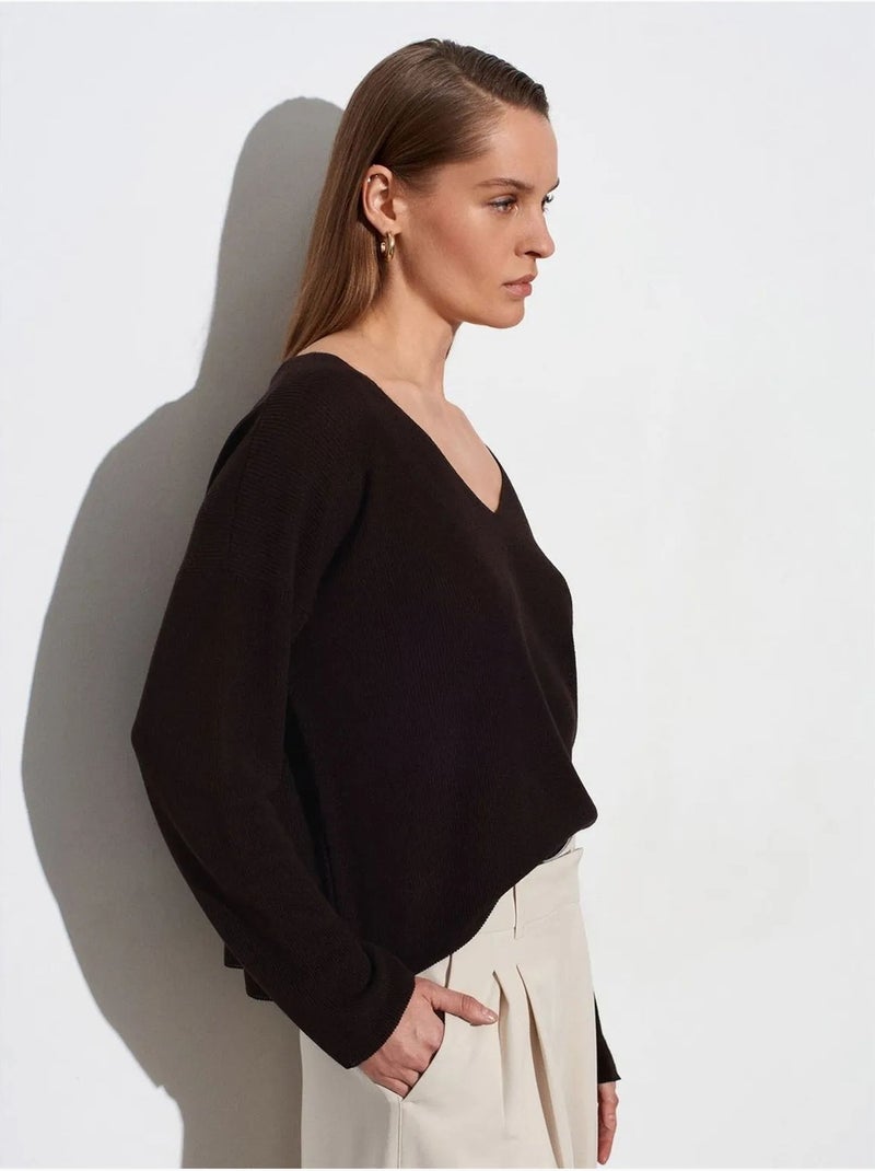 DILVIN Pull En Maille Côtelée À Col V Pour Femme Marron foncé - Kiabi