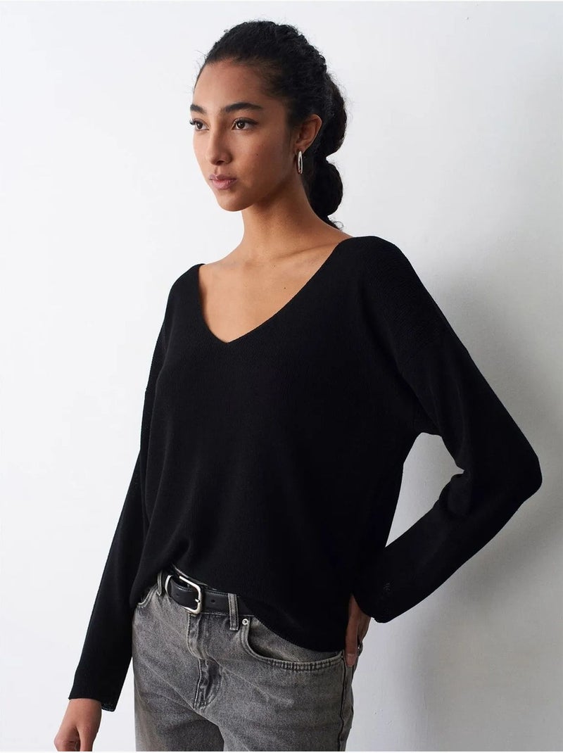 DILVIN Pull En Maille Côtelée À Col V Pour Femme Noir - Kiabi