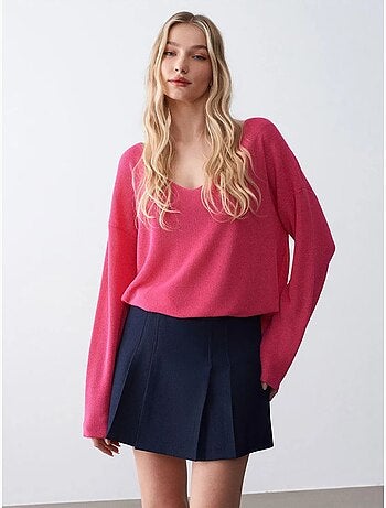 DILVIN Pull En Maille Côtelée À Col V Pour Femme