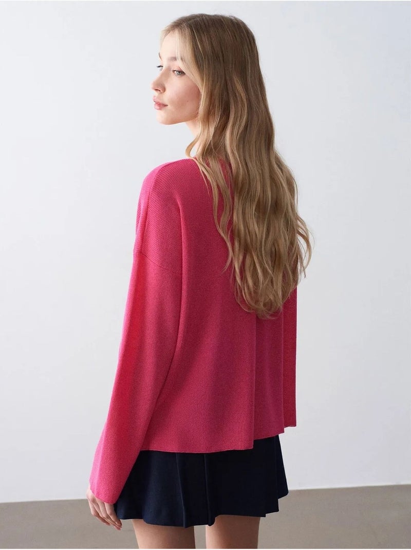 DILVIN Pull En Maille Côtelée À Col V Pour Femme Rose fluo/Solinotes - Kiabi