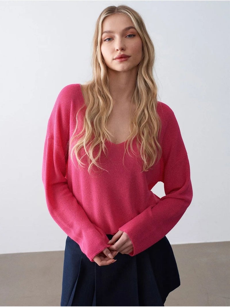 DILVIN Pull En Maille Côtelée À Col V Pour Femme Rose fluo/Solinotes - Kiabi