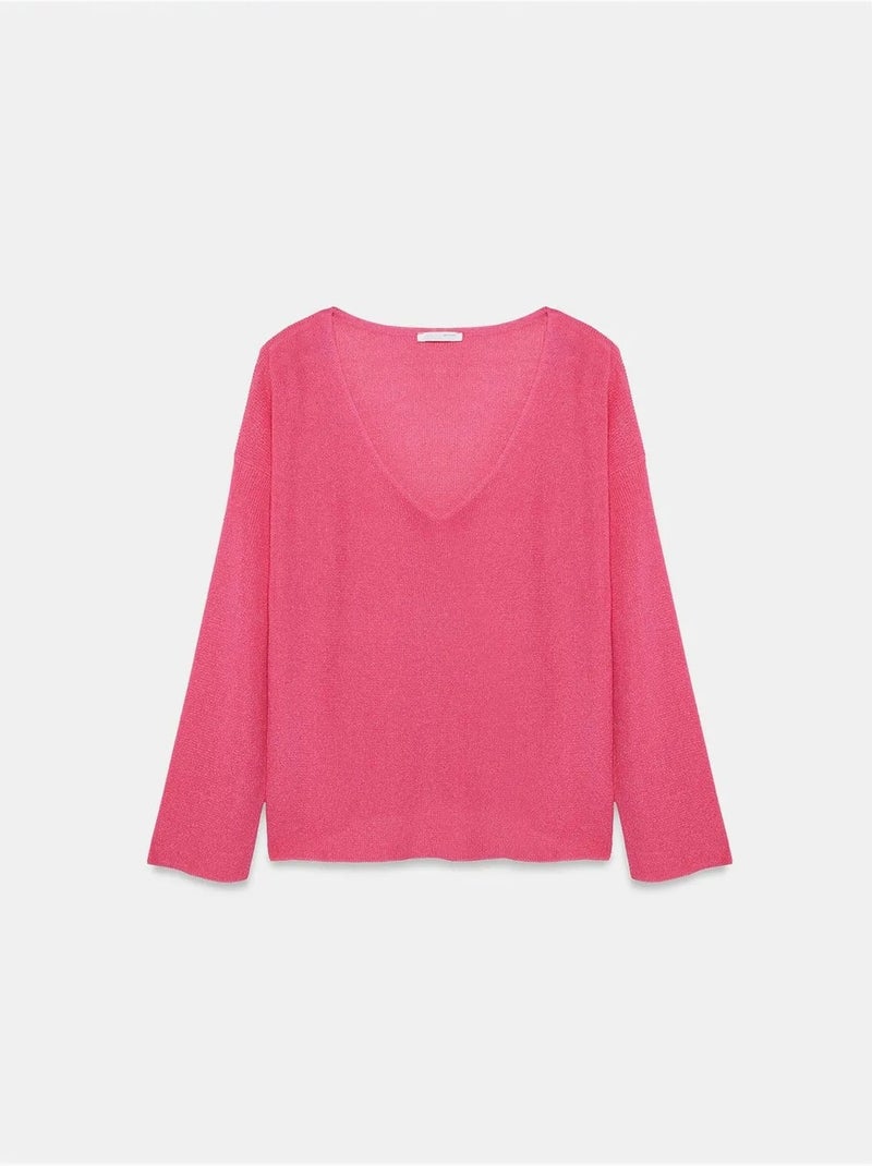 DILVIN Pull En Maille Côtelée À Col V Pour Femme Rose fluo/Solinotes - Kiabi