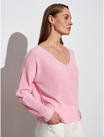 DILVIN Pull En Maille Côtelée À Col V Pour Femme