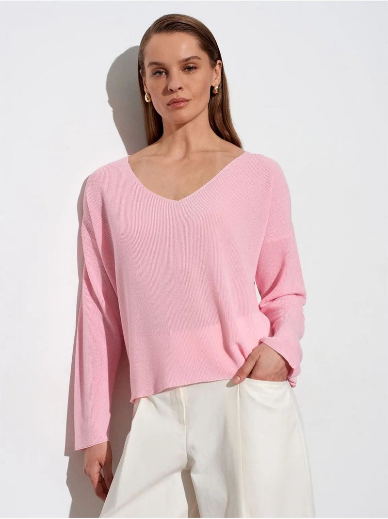 DILVIN Pull En Maille Côtelée À Col V Pour Femme Rose - Kiabi
