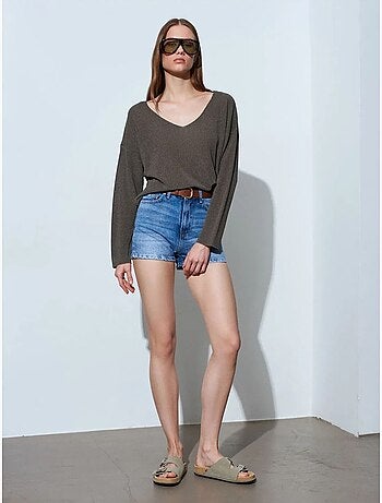 DILVIN Pull En Maille Côtelée À Col V Pour Femme