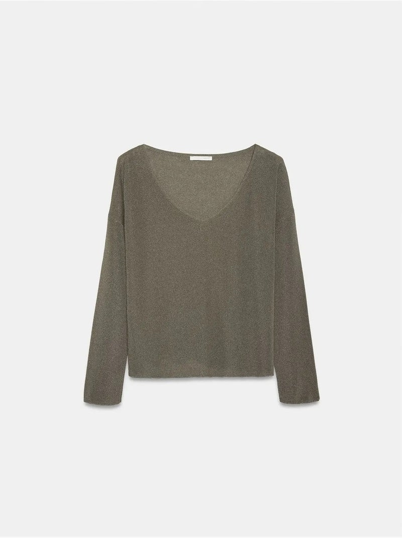 DILVIN Pull En Maille Côtelée À Col V Pour Femme Vert kaki - Kiabi