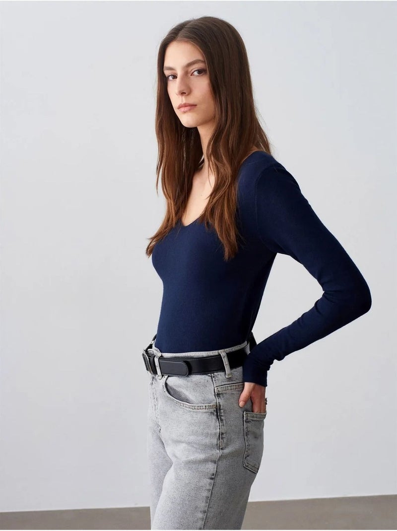 DILVIN Pull En Maille Côtelée Coupe Slim À Col V Bleu marine - Kiabi
