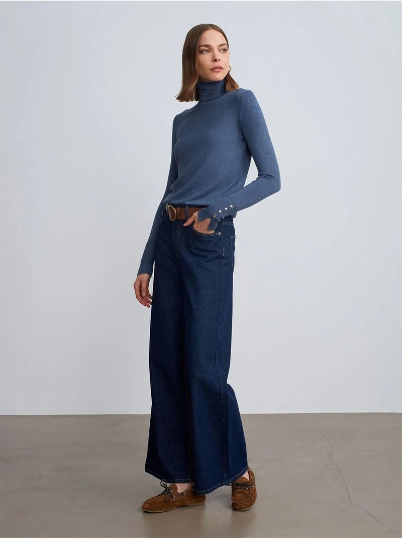DILVIN Pull En Maille Femme À Col Roulé Et Boutons Bleu - Kiabi