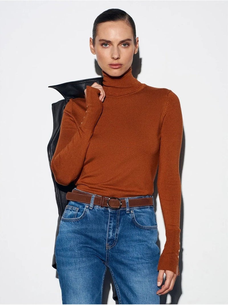 DILVIN Pull En Maille Femme À Col Roulé Et Boutons Camel - Kiabi
