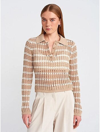 DILVIN Pull En Maille Rayée À Col Polo Et Boutons