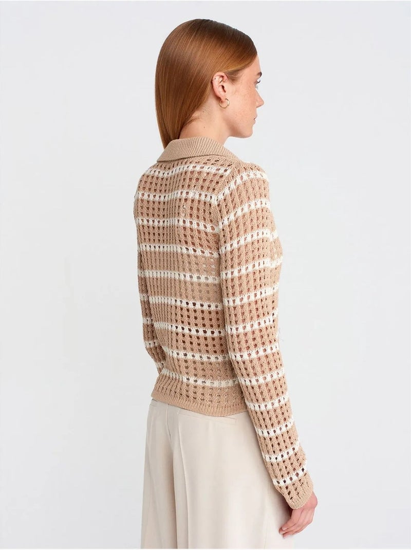 DILVIN Pull En Maille Rayée À Col Polo Et Boutons Beige naturel - Kiabi