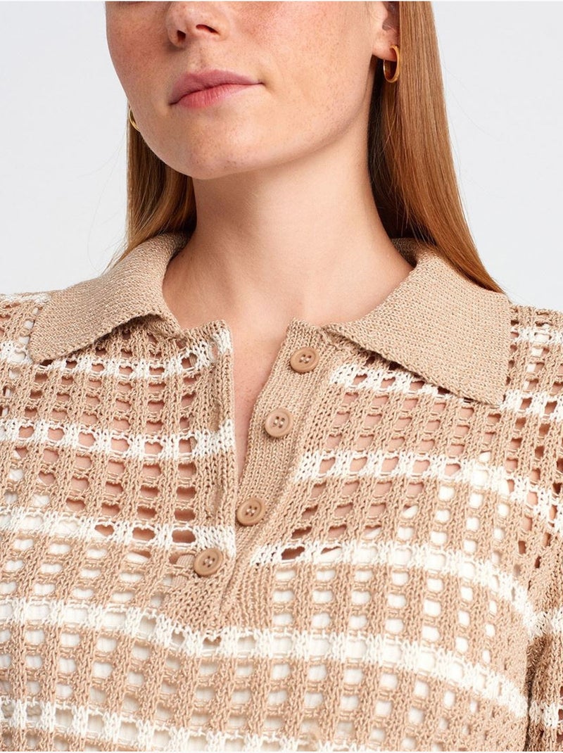 DILVIN Pull En Maille Rayée À Col Polo Et Boutons Beige naturel - Kiabi