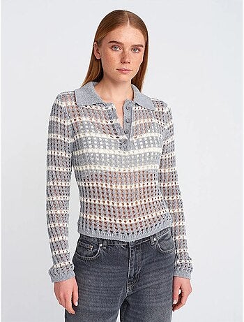 DILVIN Pull En Maille Rayée À Col Polo Et Boutons