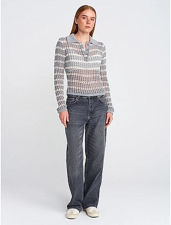 DILVIN Pull En Maille Rayée À Col Polo Et Boutons