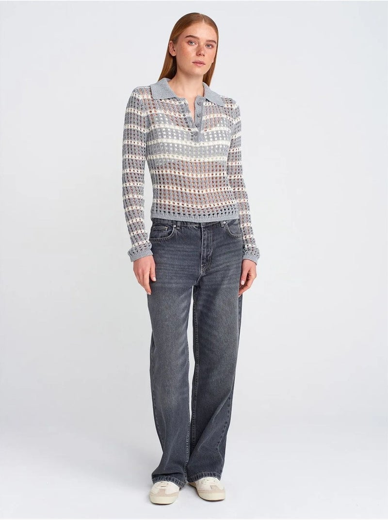 DILVIN Pull En Maille Rayée À Col Polo Et Boutons Gris clair - Kiabi