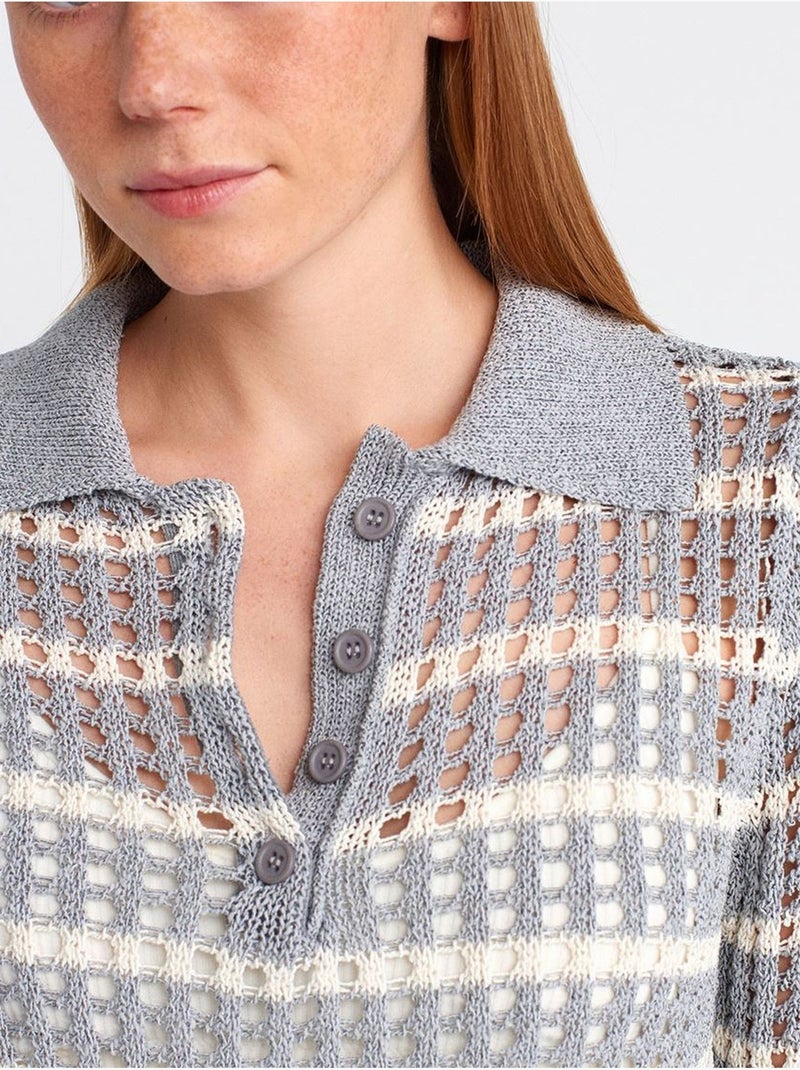 DILVIN Pull En Maille Rayée À Col Polo Et Boutons Gris clair - Kiabi