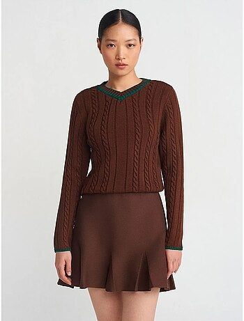 DILVIN Pull Femme Col V En Maille Torsadée