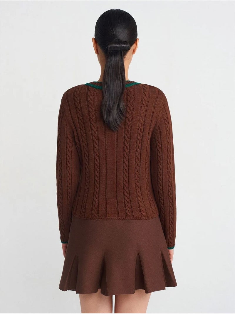 DILVIN Pull Femme Col V En Maille Torsadée Marron - Kiabi