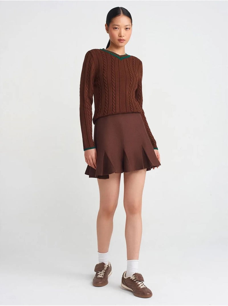 DILVIN Pull Femme Col V En Maille Torsadée Marron - Kiabi
