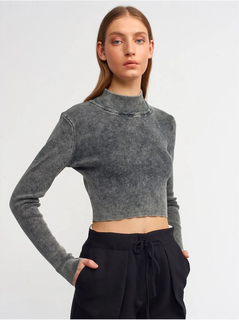 Dilvin pull femme court en maille côtelée à col montant Gris Noir - Kiabi