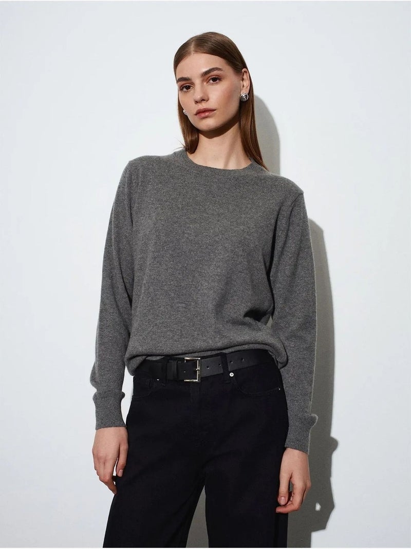 DILVIN Pull Femme En Cachemire À Côtes, Col Rond Gris foncé - Kiabi