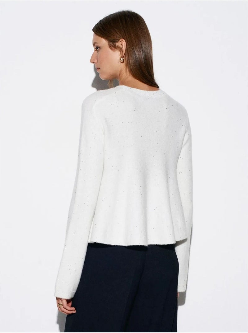 DILVIN Pull Femme En Maille À Col Rond Et Volant Blanc cassé - Kiabi