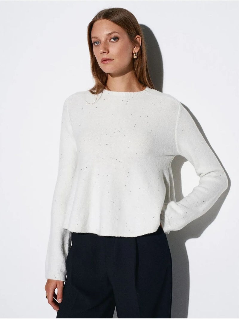 DILVIN Pull Femme En Maille À Col Rond Et Volant Blanc cassé - Kiabi