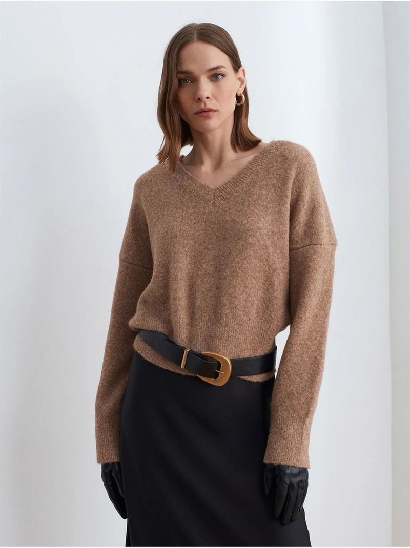 DILVIN Pull Femme En Maille Côtelée À Col V Camel - Kiabi