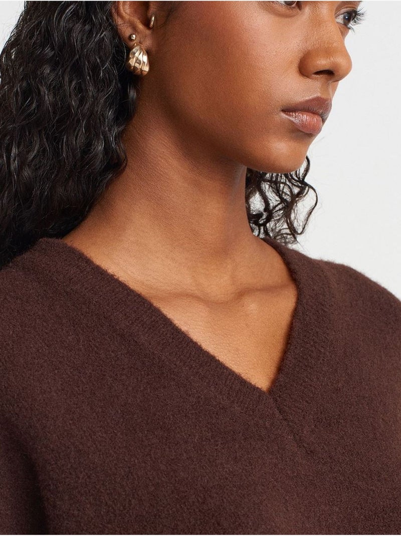 DILVIN Pull Femme En Maille Côtelée À Col V Marron chocolat - Kiabi