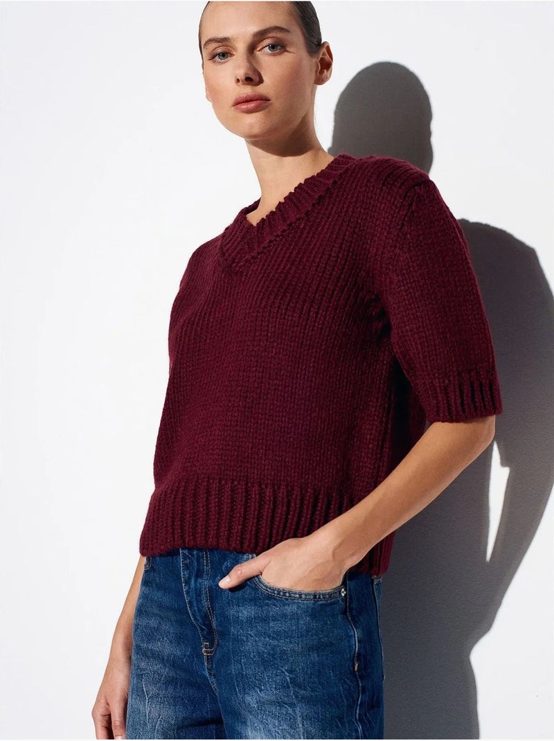 DILVIN Pull Femme En Maille Côtelée À Col V Rouge bordeaux - Kiabi