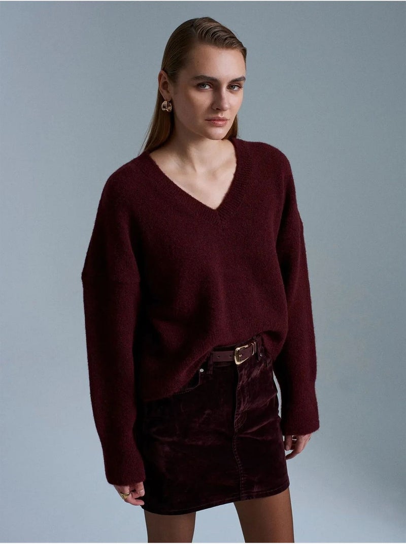DILVIN Pull Femme En Maille Côtelée À Col V Rouge bordeaux - Kiabi