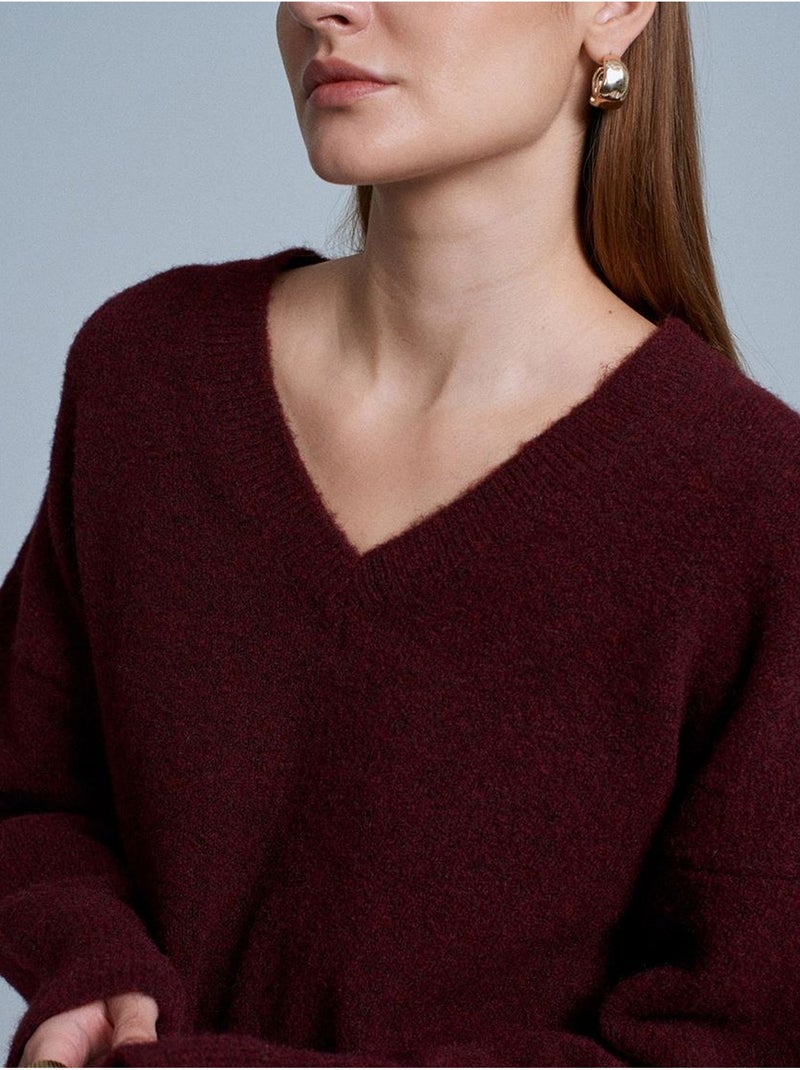 DILVIN Pull Femme En Maille Côtelée À Col V Rouge bordeaux - Kiabi