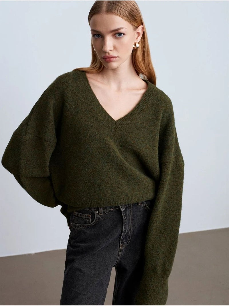 DILVIN Pull Femme En Maille Côtelée À Col V Vert foncé - Kiabi