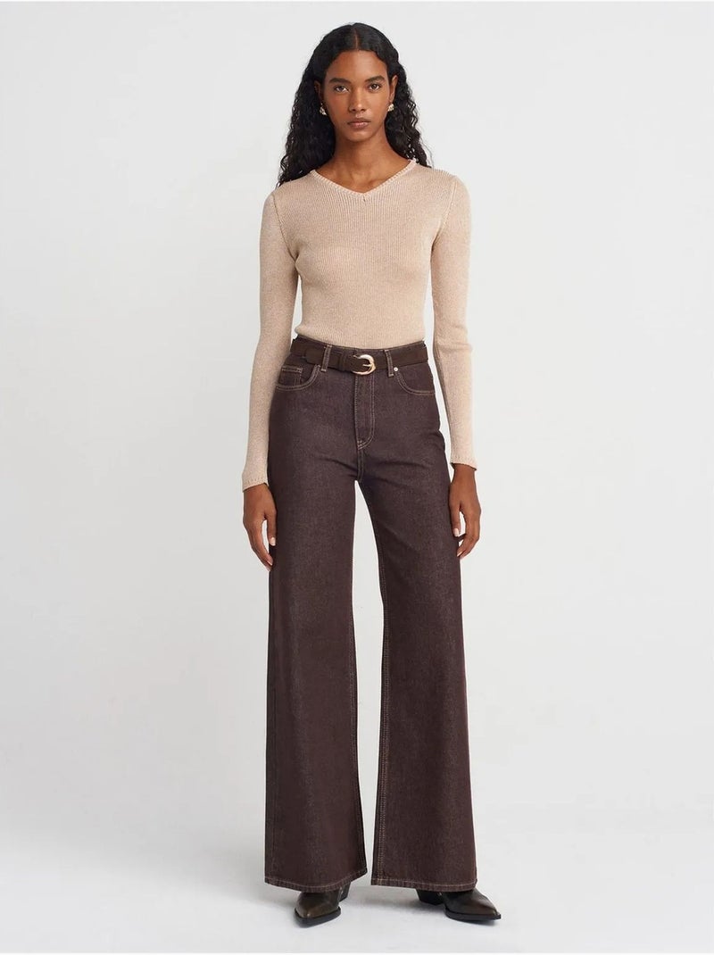 DILVIN Pull Femme Slim À Col V Côtelé Beige - Kiabi