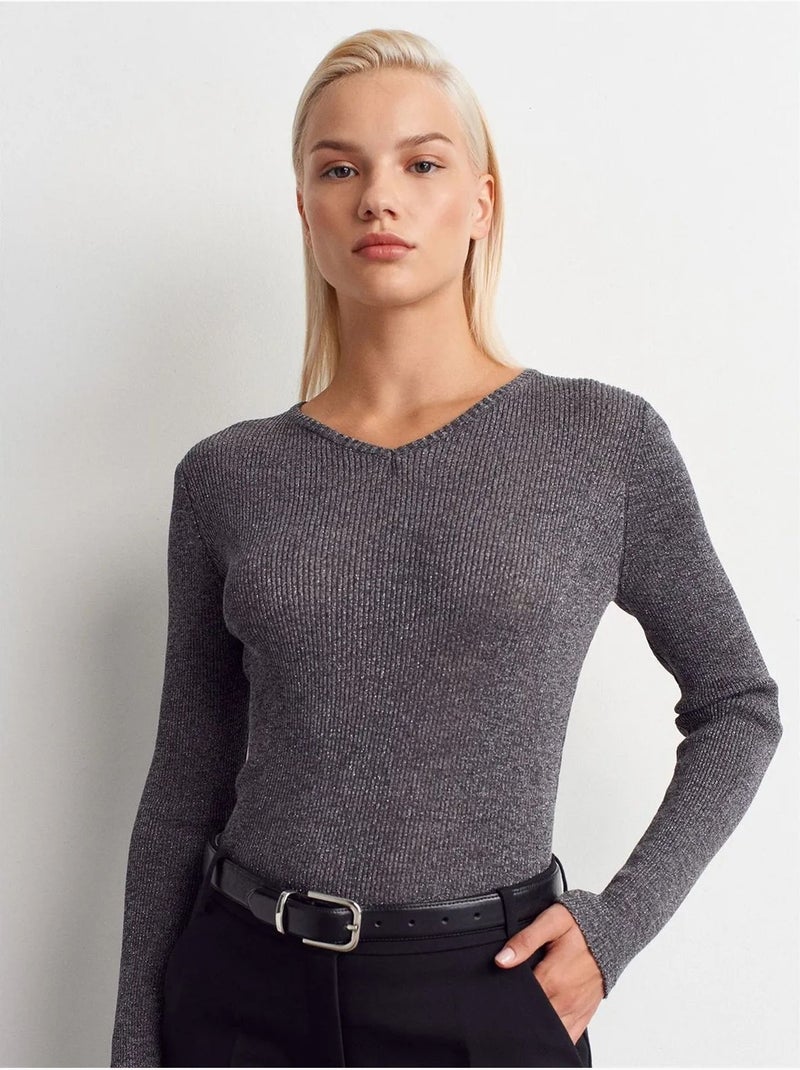 Dilvin pull femme slim à col v côtelé Gris Noir - Kiabi