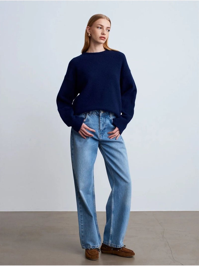 DILVIN Pull Femme Uni À Col Rond Et Maille Côtelée Bleu marine - Kiabi