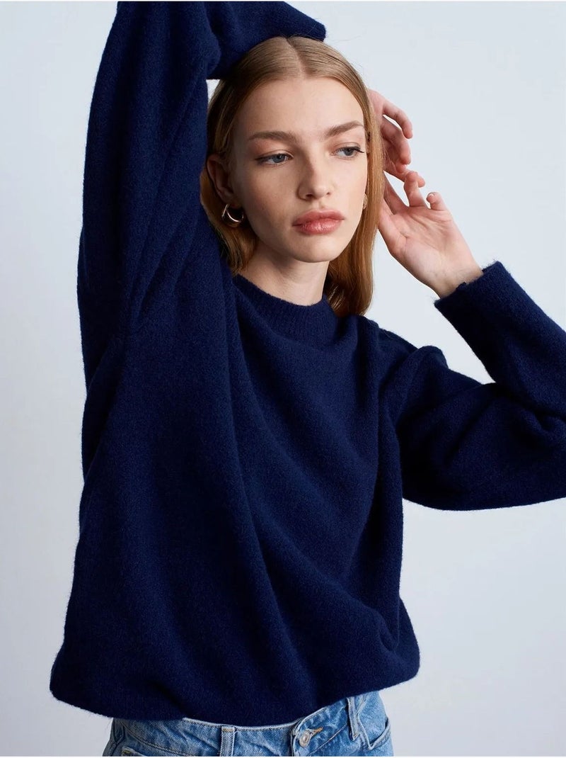 DILVIN Pull Femme Uni À Col Rond Et Maille Côtelée Bleu marine - Kiabi