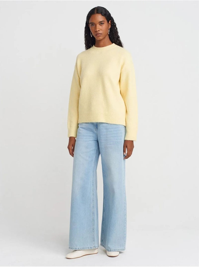 DILVIN Pull Femme Uni À Col Rond Et Maille Côtelée Jaune fluo - Kiabi