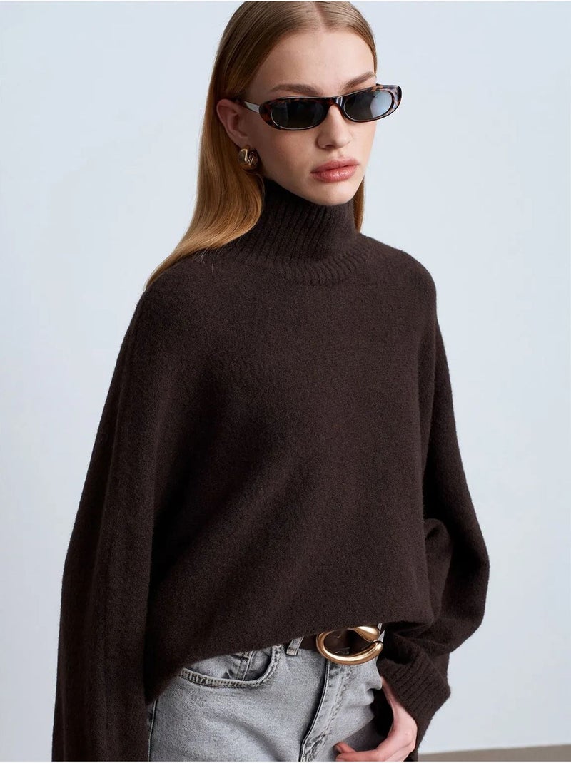 DILVIN Pull Oversize À Col Roulé Côtelé Marron chocolat - Kiabi