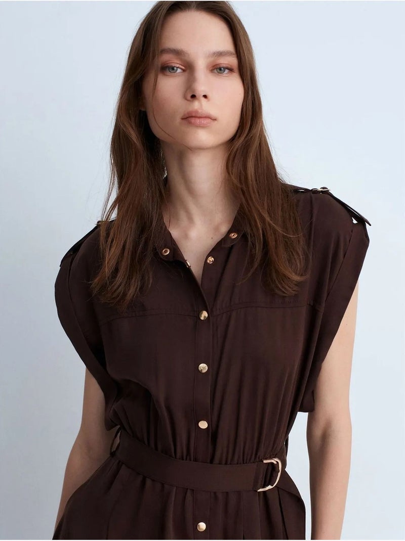DILVIN Robe-chemise Midi Sans Manches Avec Ceinture Marron chocolat - Kiabi
