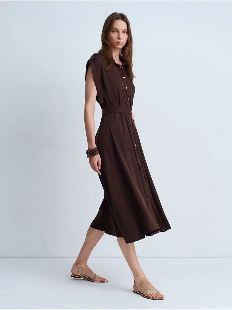 DILVIN Robe-chemise Midi Sans Manches Avec Ceinture Marron chocolat - Kiabi