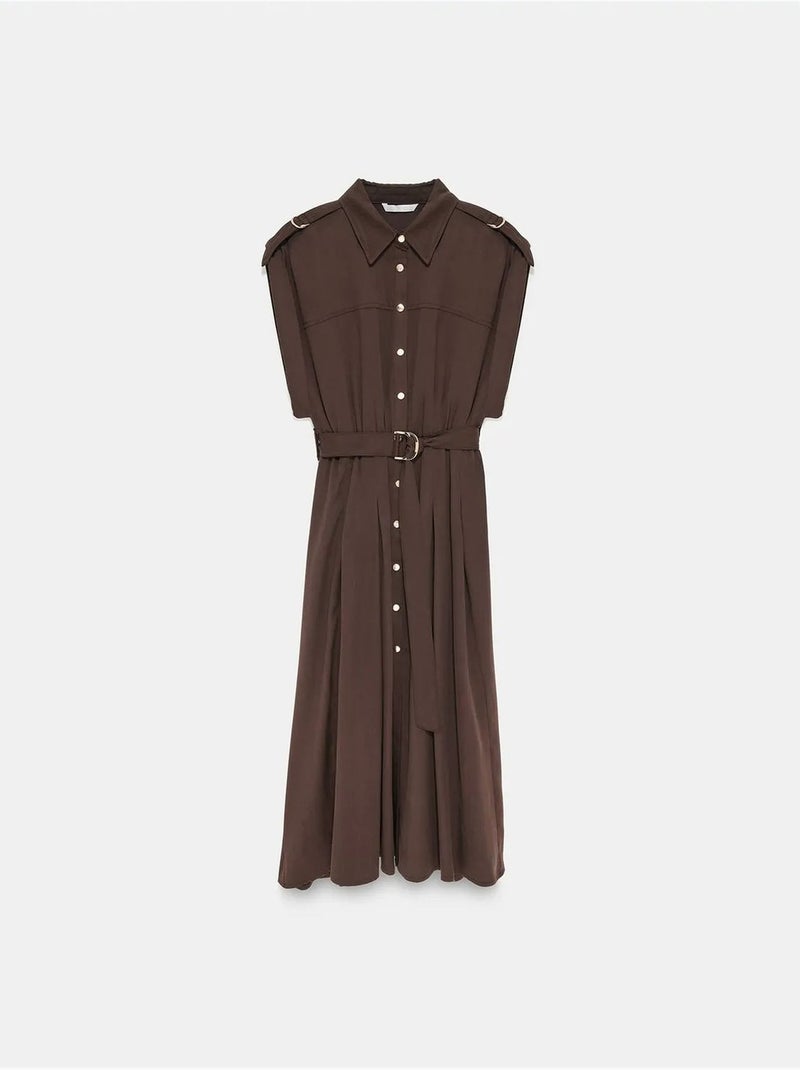 DILVIN Robe-chemise Midi Sans Manches Avec Ceinture Marron chocolat - Kiabi