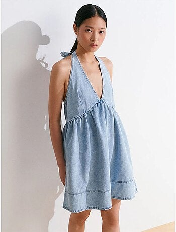 DILVIN Robe Courte En Denim De Coton À Col Halter