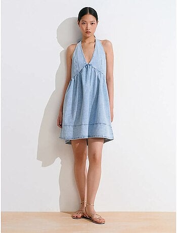 DILVIN Robe Courte En Denim De Coton À Col Halter